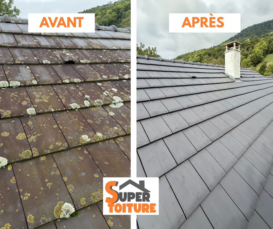 Avant / après nettoyage d'une toiture en ardoise